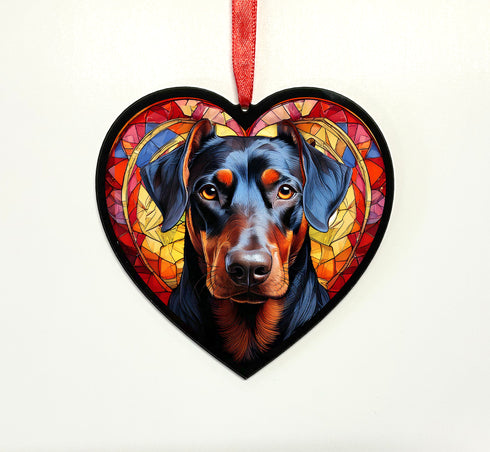 Doberman Stained Glass Effect Heart Suncatcher